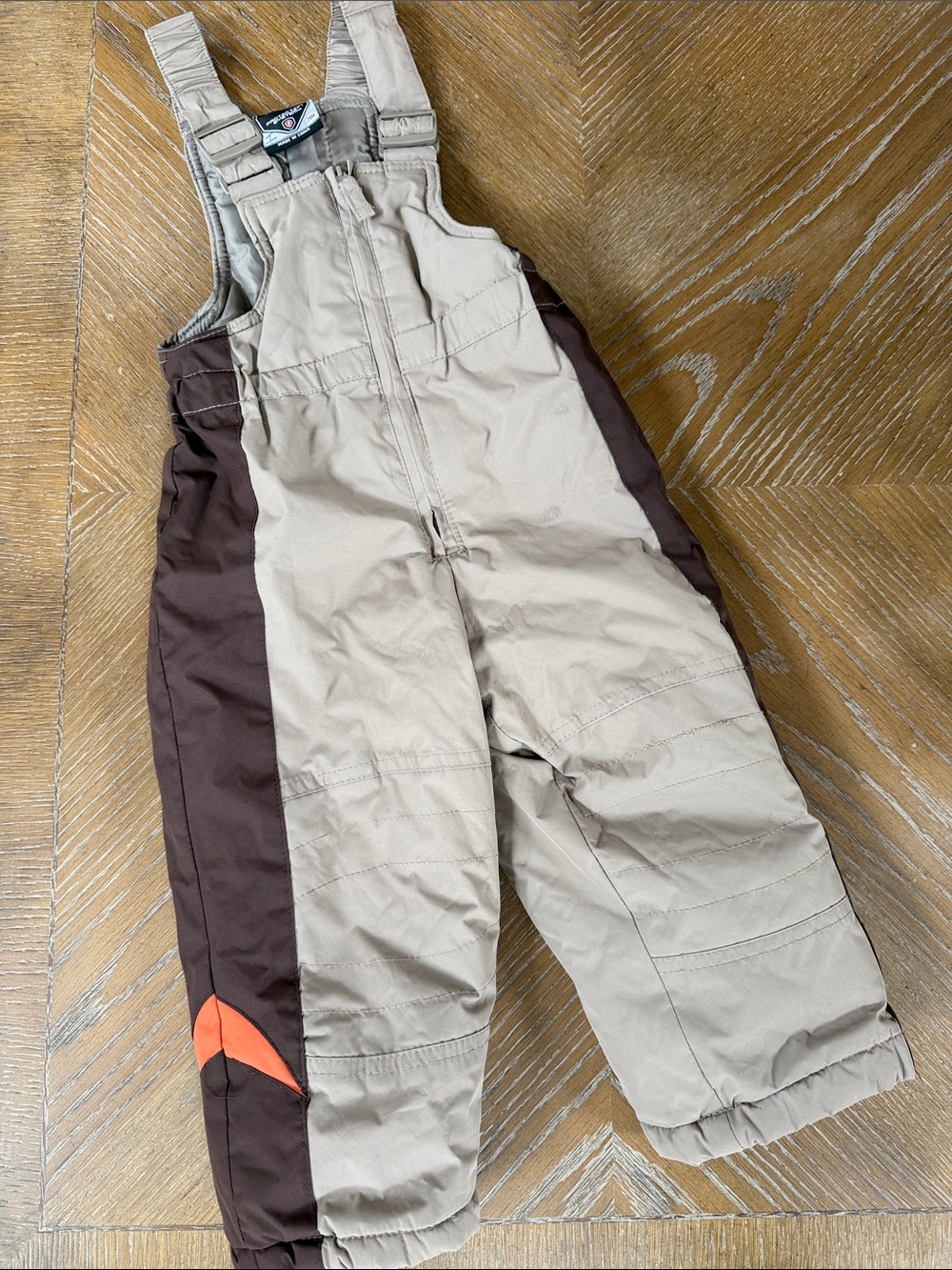 Kids Beige and Dark Brown Snow Overalls with Orange Accent